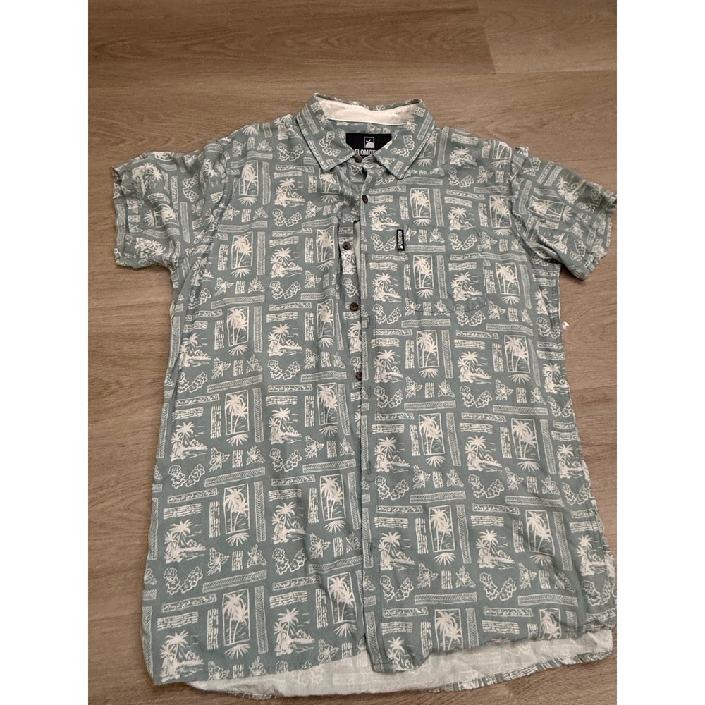 Flomotion Mens Large Tropical Palm Tree Print Button Down Shirt Sage Green L